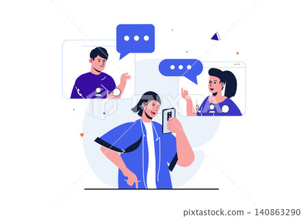 Social network modern flat concept for web banner design. Friends meet online using video calls in mobile application. Men and women communicates online. Vector illustration with isolated people scene Social network modern flat concept for web banner design. Friends meet online using video calls in mobile application. Men and women communicates online. Vector illustration with isolated people scene 140863290