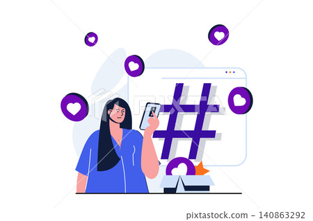 Social network modern flat concept for web banner design. Woman browses news feed on social networks, uses hashtags and likes posts, communicates online. Vector illustration with isolated people scene Social network modern flat concept for web banner design. Woman browses news feed on social networks, uses hashtags and likes posts, communicates online. Vector illustration with isolated people scene 140863292