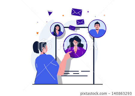 Social network modern flat concept for web banner design. Woman looks profiles in mobile application, subscribes to bloggers, communicates online. Vector illustration with isolated people scene Social network modern flat concept for web banner design. Woman looks profiles in mobile application, subscribes to bloggers, communicates online. Vector illustration with isolated people scene 140863293