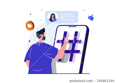 Social network modern flat concept for web banner design. Man chatting with woman in application, uses hashtags and likes posts, communicates online. Vector illustration with isolated people scene Social network modern flat concept for web banner design. Man chatting with woman in application, uses hashtags and likes posts, communicates online. Vector illustration with isolated people scene 140863294