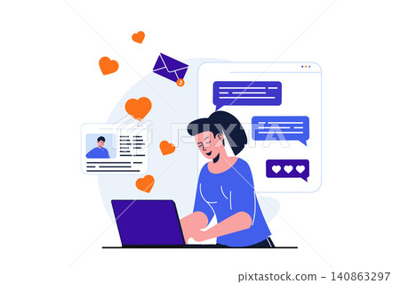 Social network modern flat concept for web banner design. Woman makes romantic correspondence with man and sending hearts in online dating application. Vector illustration with isolated people scene Social network modern flat concept for web banner design. Woman makes romantic correspondence with man and sending hearts in online dating application. Vector illustration with isolated people scene 140863297