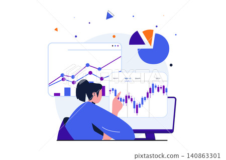 Stock market modern flat concept for web banner design. Woman is engaged in trading, analyzes financial data with growth trend and bargain invests money. Vector illustration with isolated people scene 140863301