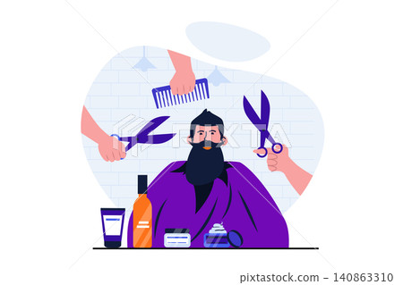 Barbershop modern flat concept for web banner design. Male client sits in chair and receives cutting hair, styling and beard care treatments in studio. Vector illustration with isolated people scene Barbershop modern flat concept for web banner design. Male client sits in chair and receives cutting hair, styling and beard care treatments in studio. Vector illustration with isolated people scene 140863310