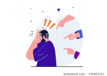 Bullying modern flat concept for web banner design. Upset man suffering from harassment and aggressive attacks, angry hands pointing at him and blame. Vector illustration with isolated people scene Bullying modern flat concept for web banner design. Upset man suffering from harassment and aggressive attacks, angry hands pointing at him and blame. Vector illustration with isolated people scene 140863321