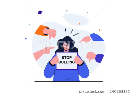 Bullying modern flat concept for web banner design. Crying girl holds poster with Stop Bullying text surrounded by hands with negatively pointing at her. Vector illustration with isolated people scene Bullying modern flat concept for web banner design. Crying girl holds poster with Stop Bullying text surrounded by hands with negatively pointing at her. Vector illustration with isolated people scene 140863325
