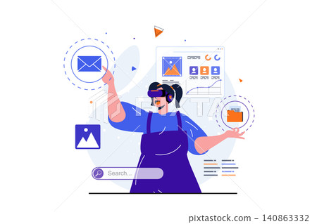 Cyberspace modern flat concept for web banner design. Happy woman in VR glasses touching buttons and interacts with folders in simulated dashboard. Vector illustration with isolated people scene Cyberspace modern flat concept for web banner design. Happy woman in VR glasses touching buttons and interacts with folders in simulated dashboard. Vector illustration with isolated people scene 140863332