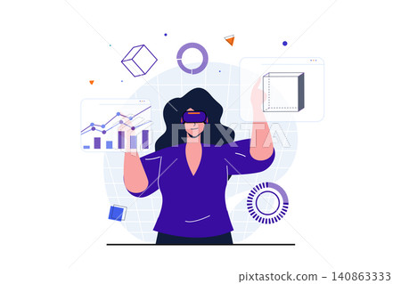 Cyberspace modern flat concept for web banner design. Woman in VR glasses interacts data graphs and doing scientific research in simulated dashboard. Vector illustration with isolated people scene Cyberspace modern flat concept for web banner design. Woman in VR glasses interacts data graphs and doing scientific research in simulated dashboard. Vector illustration with isolated people scene 140863333