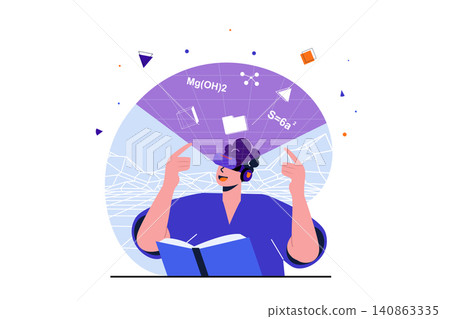Cyberspace modern flat concept for web banner design. Man in VR glasses studying book and gaining knowledge in augmented virtual reality simulation. Vector illustration with isolated people scene Cyberspace modern flat concept for web banner design. Man in VR glasses studying book and gaining knowledge in augmented virtual reality simulation. Vector illustration with isolated people scene 140863335