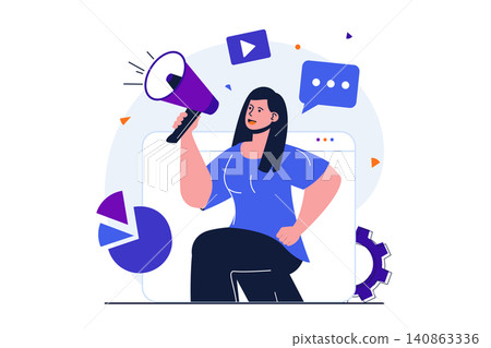 Marketing modern flat concept for web banner design. Woman marketer with megaphone makes promo announcement and advertise business in social media. Vector illustration with isolated people scene 140863336