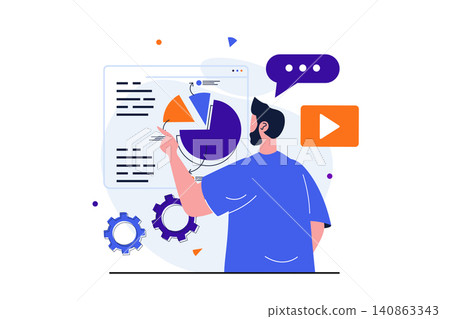 Marketing modern flat concept for web banner design. Male marketer analyzes charts and project data report, develops and optimizes advertising strategy. Vector illustration with isolated people scene Marketing modern flat concept for web banner design. Male marketer analyzes charts and project data report, develops and optimizes advertising strategy. Vector illustration with isolated people scene 140863343