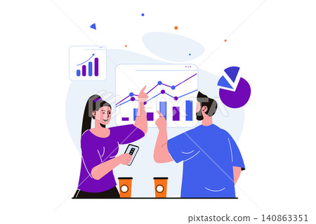 Teamwork modern flat concept for web banner design. Woman and man analyze data, discuss statistics, planing and create company development strategy. Vector illustration with isolated people scene Teamwork modern flat concept for web banner design. Woman and man analyze data, discuss statistics, planing and create company development strategy. Vector illustration with isolated people scene 140863351