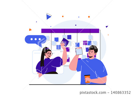 Teamwork modern flat concept for web banner design. Woman and man work together and complete tasks. Time management and workflow organization in office. Vector illustration with isolated people scene 140863352