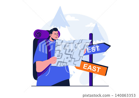 Traveling modern flat concept for web banner design. Man tourist with backpack looking at map and chooses direction of hiking route at sign post. Vector illustration with isolated people scene Traveling modern flat concept for web banner design. Man tourist with backpack looking at map and chooses direction of hiking route at sign post. Vector illustration with isolated people scene 140863353