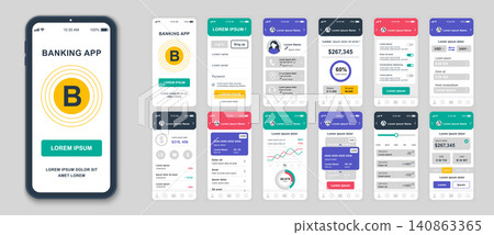Set of UI, UX, GUI screens Banking app flat design template for mobile apps, responsive website wireframes. Web design UI kit. Banking Dashboard. Set of UI, UX, GUI screens Banking app flat design template for mobile apps, responsive website wireframes. Web design UI kit. Banking Dashboard. 140863365