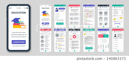 Set of UI, UX, GUI screens Education app flat design template for mobile apps, responsive website wireframes. Web design UI kit. Education Dashboard. Set of UI, UX, GUI screens Education app flat design template for mobile apps, responsive website wireframes. Web design UI kit. Education Dashboard. 140863371