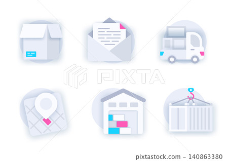 Delivery service web concept of 3d paper icons set. Pack flat pictograms of parcel box, letter in envelope, truck, location tracking, warehouse, container. Vector elements for mobile app and website Delivery service web concept of 3d paper icons set. Pack flat pictograms of parcel box, letter in envelope, truck, location tracking, warehouse, container. Vector elements for mobile app and website 140863380