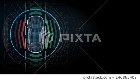 Car outline with colored signals in a digital display showing direction and lights during a simulation at night 140863402