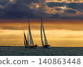 A lot of sailing boats are in sailing regatta in the Gulf of Finland at sunset, Russia, St.Petersburg, hot race of several yachts, teamwork, yachtsman 140863448
