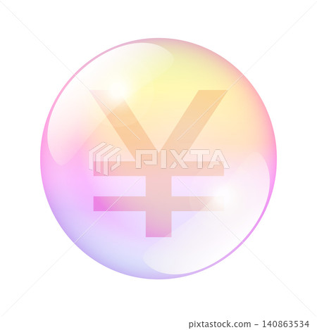 Yen bubble, a visual metaphor representing an economic or financial bubble. Yen or Yuan currency sign inside the center of a translucent, spherical bubble with soft pastel gradients. Vector 140863534