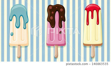 A vibrant illustration of three ice pops against a striped background. A vibrant illustration of three ice pops against a striped background. 140863535