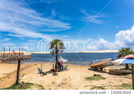 Luis Correia, Brazil - Jan 21, 2026: Portinho Lagoon at Luis Correia In Piaui Brazil. Winding Sand Dunes in Parnaiba Delta Luis Correia, Brazil - Jan 21, 2026: Portinho Lagoon at Luis Correia In Piaui Brazil. Winding Sand Dunes in Parnaiba Delta 140863609