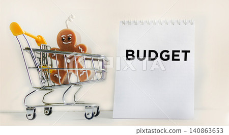 The word Budget is written on a notebook, next to a miniature basket The word Budget is written on a notebook, next to a miniature basket 140863653
