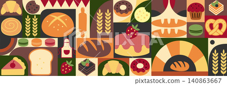 Geometric food pattern. Bread and pastries background. Abstract bakery menu background with Bauhaus style. Geometric pattern bread, croissant, donut. 140863667