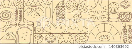 Bread and pastries background. Abstract bakery menu background with line drawing. Geometric pattern bread, croissant, donut. Geometric food pattern. Bread and pastries background. Abstract bakery menu background with line drawing. Geometric pattern bread, croissant, donut. Geometric food pattern. 140863692