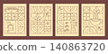Coffee themed geometric banners. Hand drawn illustration of Coffee. Abstract print background with simple shapes for coffee shop, food packaging, cafe wall, menu. Coffee icons, line design. 140863720