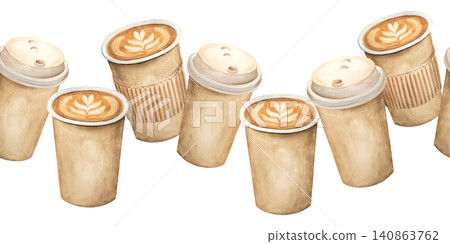 Watercolor seamless border of cappuccino, espresso, Americano, frappe, and mocha with whipped cream. Isolated vintage-style takeaway coffee. Suitable for design, prints, menus, and coffee shops. Watercolor seamless border of cappuccino, espresso, Americano, frappe, and mocha with whipped cream. Isolated vintage-style takeaway coffee. Suitable for design, prints, menus, and coffee shops. 140863762