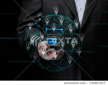 A man in a suit holds a small cart against the backdrop of a digital global network with tags A man in a suit holds a small cart against the backdrop of a digital global network with tags 140863927