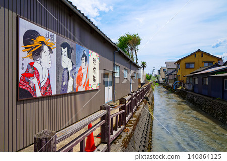 沿著但馬川分佈的越前織造展示板 沿著但馬川分佈的越前織造展示板 140864125