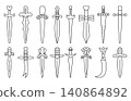 Fantasy Medieval swords, black line icon set. Monochrome vector collection of RPG weapon symbols for UI, UX, mobile apps, web, game interfaces and inventory design 140864892