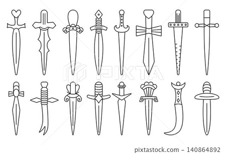 Fantasy Medieval swords, black line icon set. Monochrome vector collection of RPG weapon symbols for UI, UX, mobile apps, web, game interfaces and inventory design 140864892
