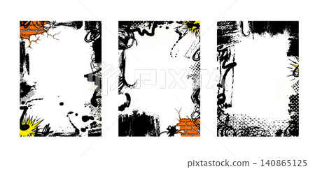 Grunge set frames with blots and graffiti brick wall. Not AI, vector illustration. Grunge set frames with blots and graffiti brick wall. Not AI, vector illustration. 140865125