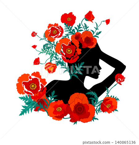 Abstract poppy girl silhouette. vector illustration. hand drawn. Not AI. Abstract poppy girl silhouette. vector illustration. hand drawn. Not AI. 140865136