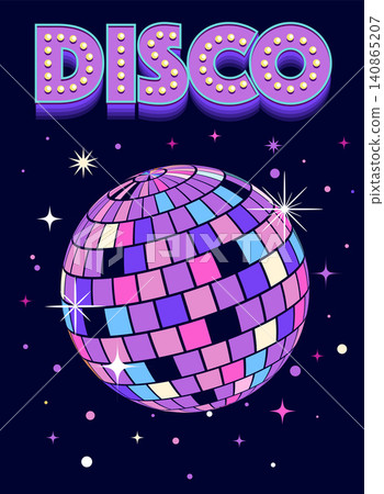 Shiny disco ball poster with pink, blue and and purple mirror mosaic tiles and sparkling reflections Shiny disco ball poster with pink, blue and and purple mirror mosaic tiles and sparkling reflections 140865207