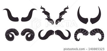 Animal horns collection. Curved ram, bull and fantasy horn silhouettes flat vector illustration set. Decorative horn design elements isolated on white background Animal horns collection. Curved ram, bull and fantasy horn silhouettes flat vector illustration set. Decorative horn design elements isolated on white background 140865323
