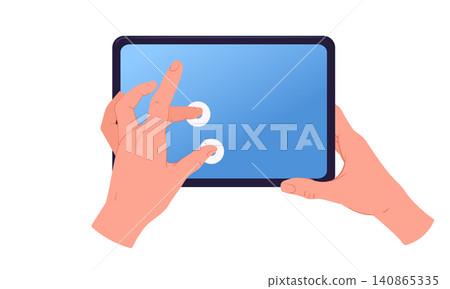 Hands holding tablet. Human hands using digital tablet in landscape orientation flat vector illustration. Touchscreen device mockup isolated on white background 140865335