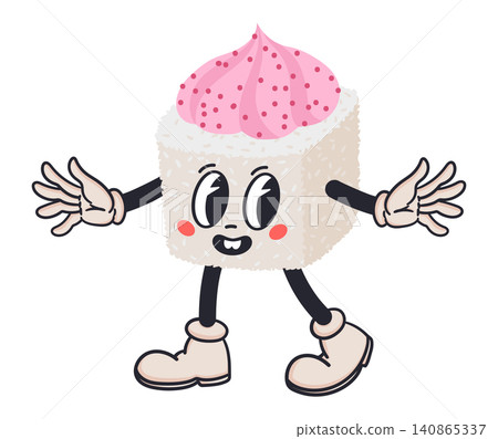Lava roll mascot. Cute sushi character with pink topping, arms, legs and smiling face flat vector illustration. Japanese food cartoon icon isolated on white background 140865337