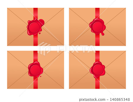 Sealed envelopes collection. Paper envelopes with red wax seals flat vector illustration set. Postal correspondence icons isolated on white background Sealed envelopes collection. Paper envelopes with red wax seals flat vector illustration set. Postal correspondence icons isolated on white background 140865348