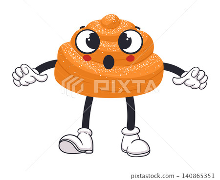 Sweet bun mascot. Cute round bakery bun character with smiling face, arms and legs flat vector illustration. Bakery food cartoon icon isolated on white background Sweet bun mascot. Cute round bakery bun character with smiling face, arms and legs flat vector illustration. Bakery food cartoon icon isolated on white background 140865351