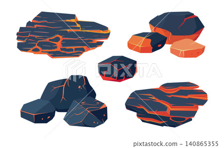 Volcanic rocks collection. Black lava stones with glowing magma cracks flat vector illustration set. Volcano rock elements isolated on white background Volcanic rocks collection. Black lava stones with glowing magma cracks flat vector illustration set. Volcano rock elements isolated on white background 140865355