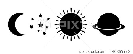 Set of 4 celestial shapes, crescent moon sun stars and planet, flat black silhouette, without background Set of 4 celestial shapes, crescent moon sun stars and planet, flat black silhouette, without background 140865550