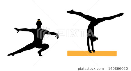 Two gymnastic silhouettes performing gymnastics elements on balance beam and floor exercises. Vector Set suitable for coaching materials, sports branding, presentations, fitness advertising or posters Two gymnastic silhouettes performing gymnastics elements on balance beam and floor exercises. Vector Set suitable for coaching materials, sports branding, presentations, fitness advertising or posters 140866020