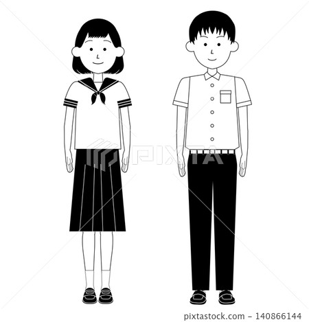 一幅黑白全身插圖，描繪了一位十幾歲的女孩和一位十幾歲的男孩，他們穿著校服，例如水手服或春夏學生製服。 140866144