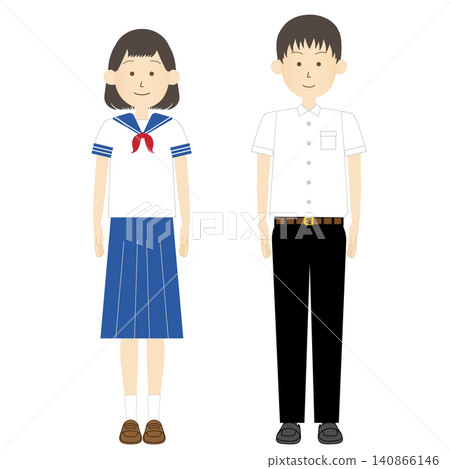 Full-body illustration of a teenage girl and boy wearing spring/summer school uniforms (sailor suit, student uniform, etc.) - Color. Full-body illustration of a teenage girl and boy wearing spring/summer school uniforms (sailor suit, student uniform, etc.) - Color. 140866146