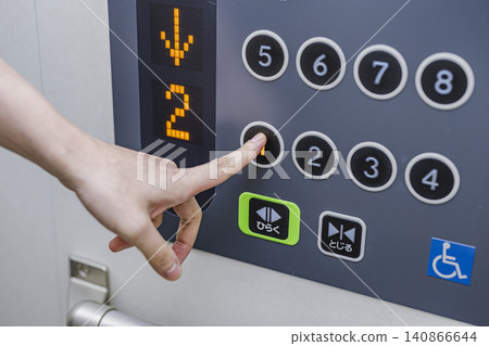 A man's finger pressing the first floor button in the elevator A man's finger pressing the first floor button in the elevator 140866644