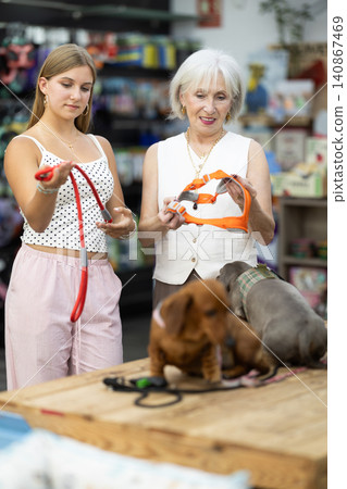 Girl and elderly woman choosing dog harness together in pet store Girl and elderly woman choosing dog harness together in pet store 140867469