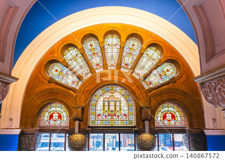 Stained glass in the Queen Victoria Building (QVB) in Sydney Stained glass in the Queen Victoria Building (QVB) in Sydney 140867572